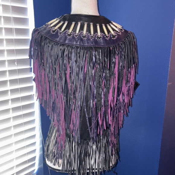 🟣 Western Wear by Shaf Leather Vest – Purple & Black Fringe, Bone & Silver Stud - Picture 10 of 14